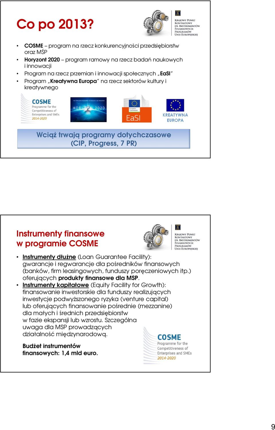 Kreatywna Europa na rzecz sektorów kultury i kreatywnego Wciąż trwają programy dotychczasowe (CIP, Progress, 7 PR) Instrumenty finansowe w programie COSME Instrumenty dłużne (Loan Guarantee