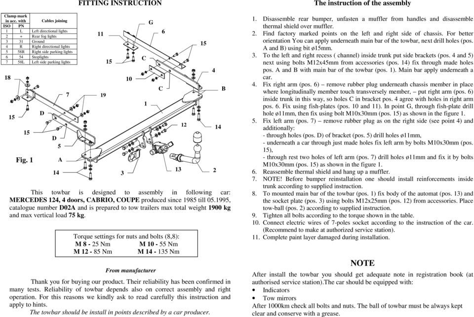 Fig. 1 5 A 7 FITTING INSTRUTION 11 19 This towbar is designed to assembly in following car: MEREES 124, 4 doors, ABRIO, OUPE produced since 1985 till 05.