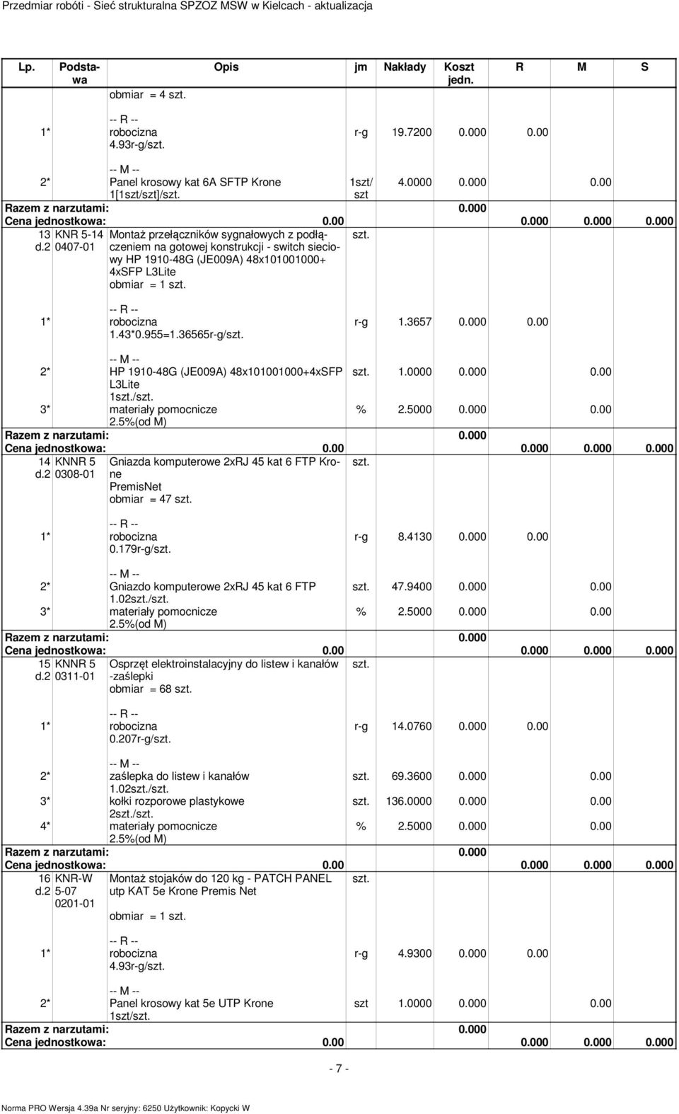 43*0.955=1.36565r-g/ r-g 1.3657 0.000 0.00 2* HP 1910-48G (JE009A) 48x101001000+4xSFP 1.0000 0.000 0.00 L3Lite 1/ 3* ateriały poocnicze 14 KNNR 5 Gniazda koputerowe 2xRJ 45 kat 6 FTP Krone d.