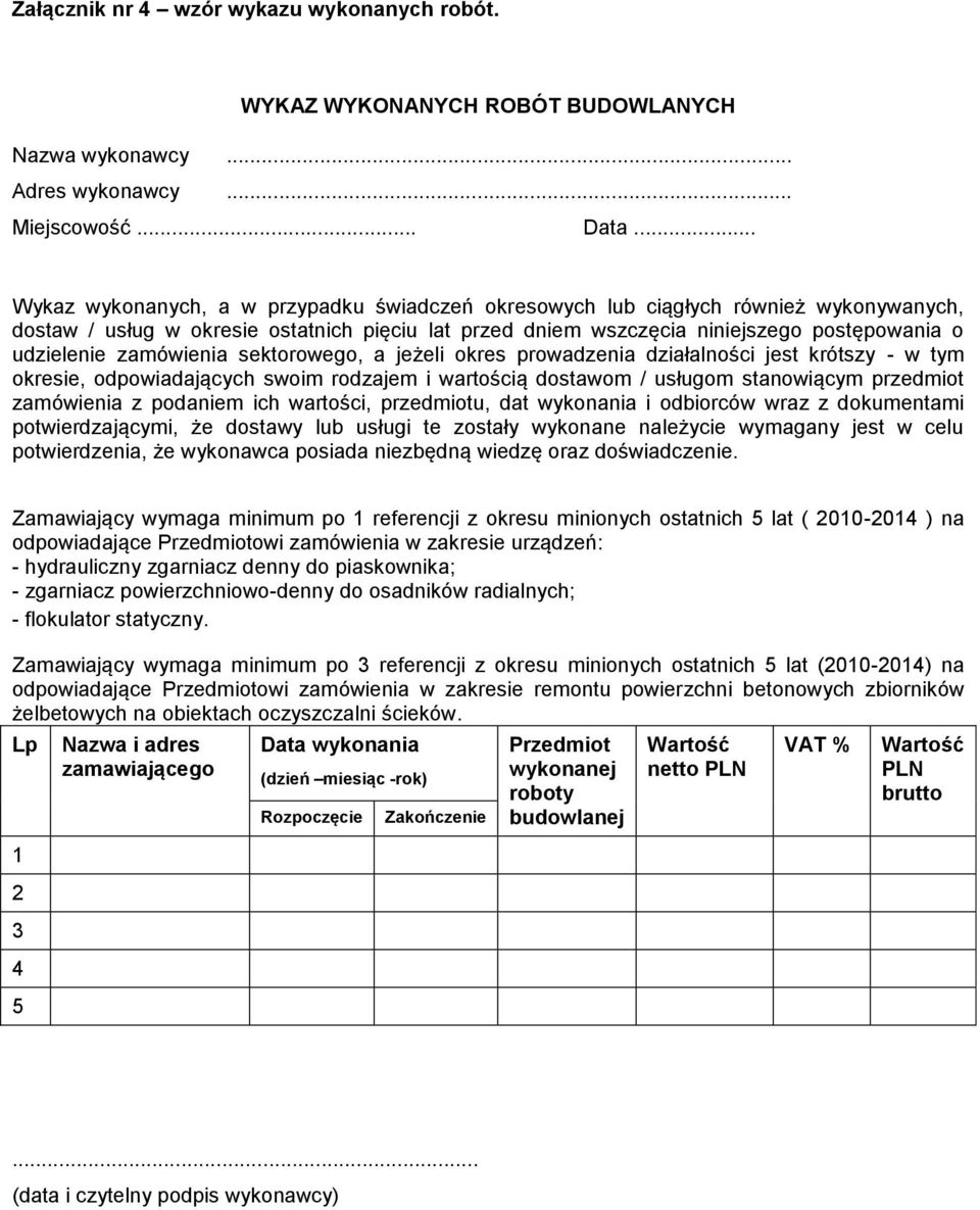 zamówienia sektorowego, a jeżeli okres prowadzenia działalności jest krótszy - w tym okresie, odpowiadających swoim rodzajem i wartością dostawom / usługom stanowiącym przedmiot zamówienia z podaniem