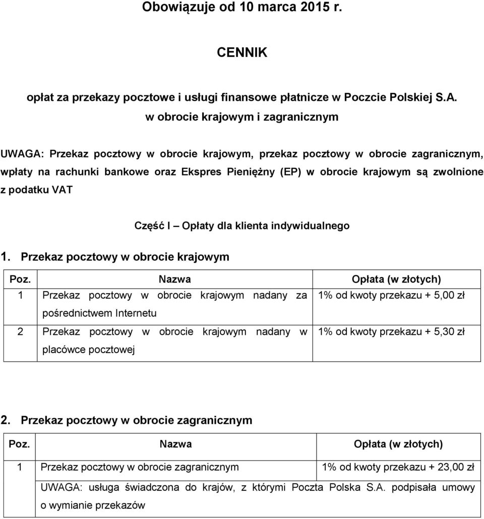 zwolnione z podatku VAT Część I Opłaty dla klienta indywidualnego 1.
