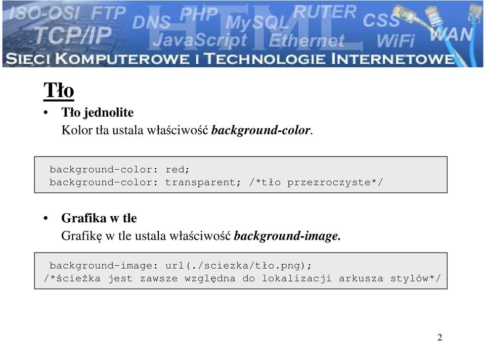 Grafika w tle Grafikę w tle ustala właściwość background-image.
