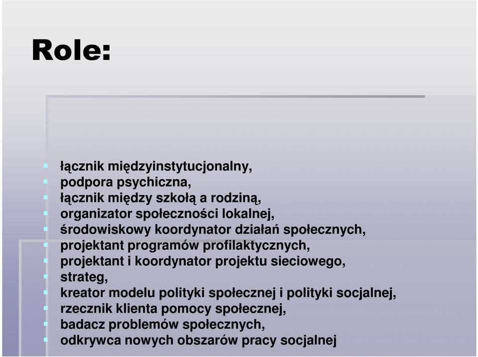 profilaktycznych, projektant i koordynator projektu sieciowego, strateg, kreator modelu polityki