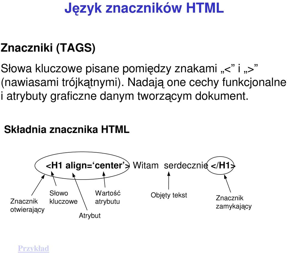 Nadają one cechy funkcjonalne i atrybuty graficzne danym tworzącym dokument.