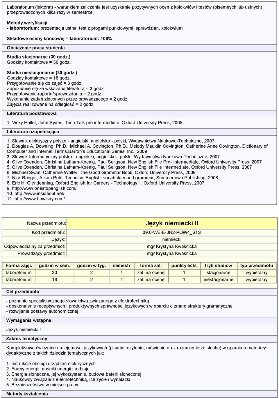 Studia niestacjonarne (30 godz.) Godziny kontaktowe = 18 godz. Przygotowanie się do zajęć = 3 godz. Zapoznanie się ze wskazaną literaturą = 3 godz. Przygotowanie raportu/sprawozdania = 2 godz.