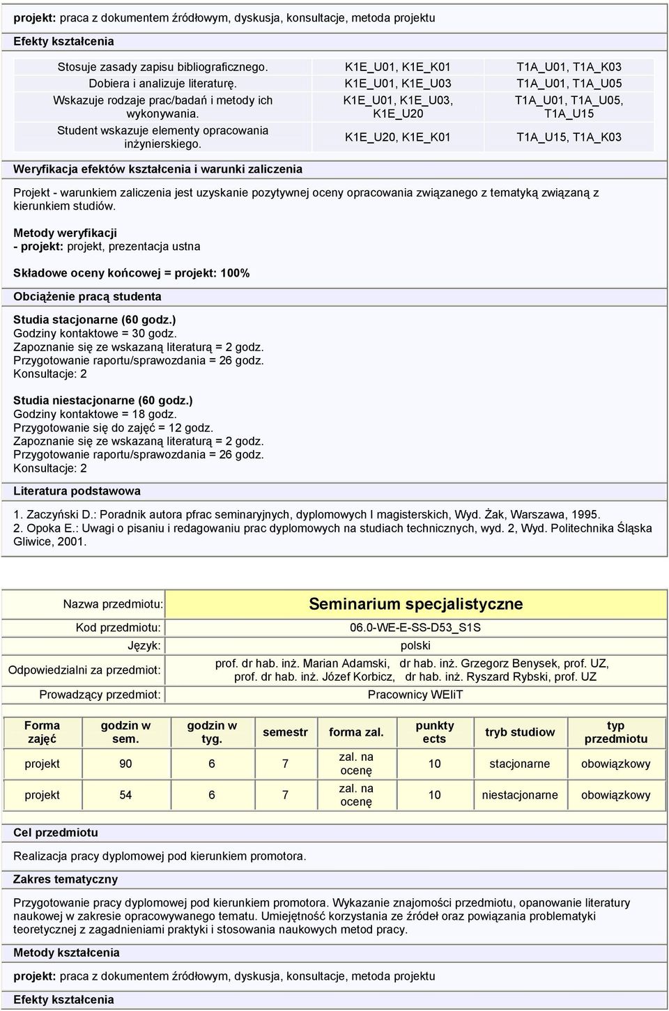 K1E_U01, K1E_U03, K1E_U20 K1E_U20, K1E_K01 T1A_U01, T1A_U05,, T1A_K03 Projekt - warunkiem zaliczenia jest uzyskanie pozytywnej oceny opracowania związanego z tematyką związaną z kierunkiem studiów.
