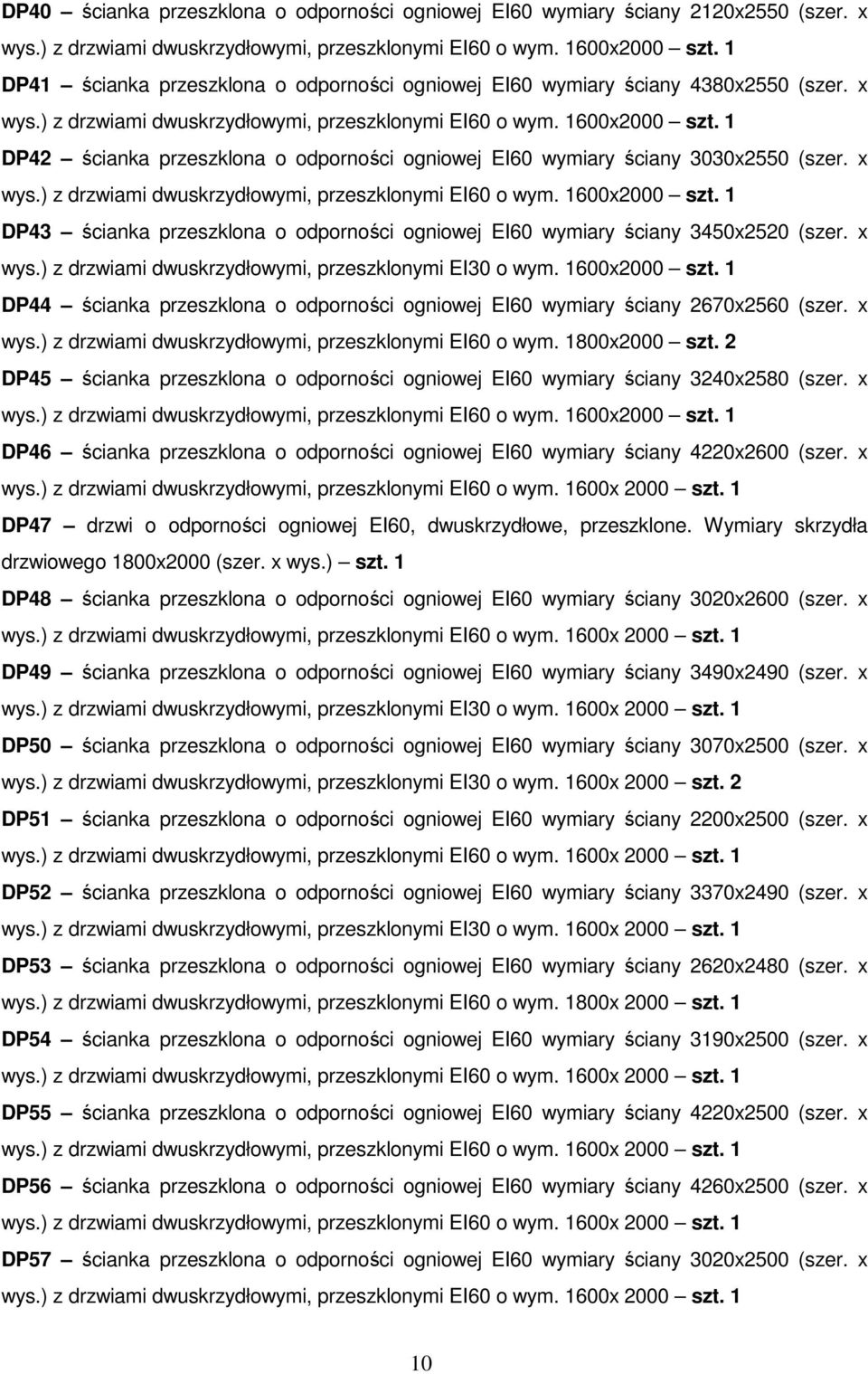 1 DP42 ścianka przeszklona o odporności ogniowej EI60 wymiary ściany 3030x2550 (szer. x wys.) z drzwiami dwuskrzydłowymi, przeszklonymi EI60 o wym. 1600x2000 szt.