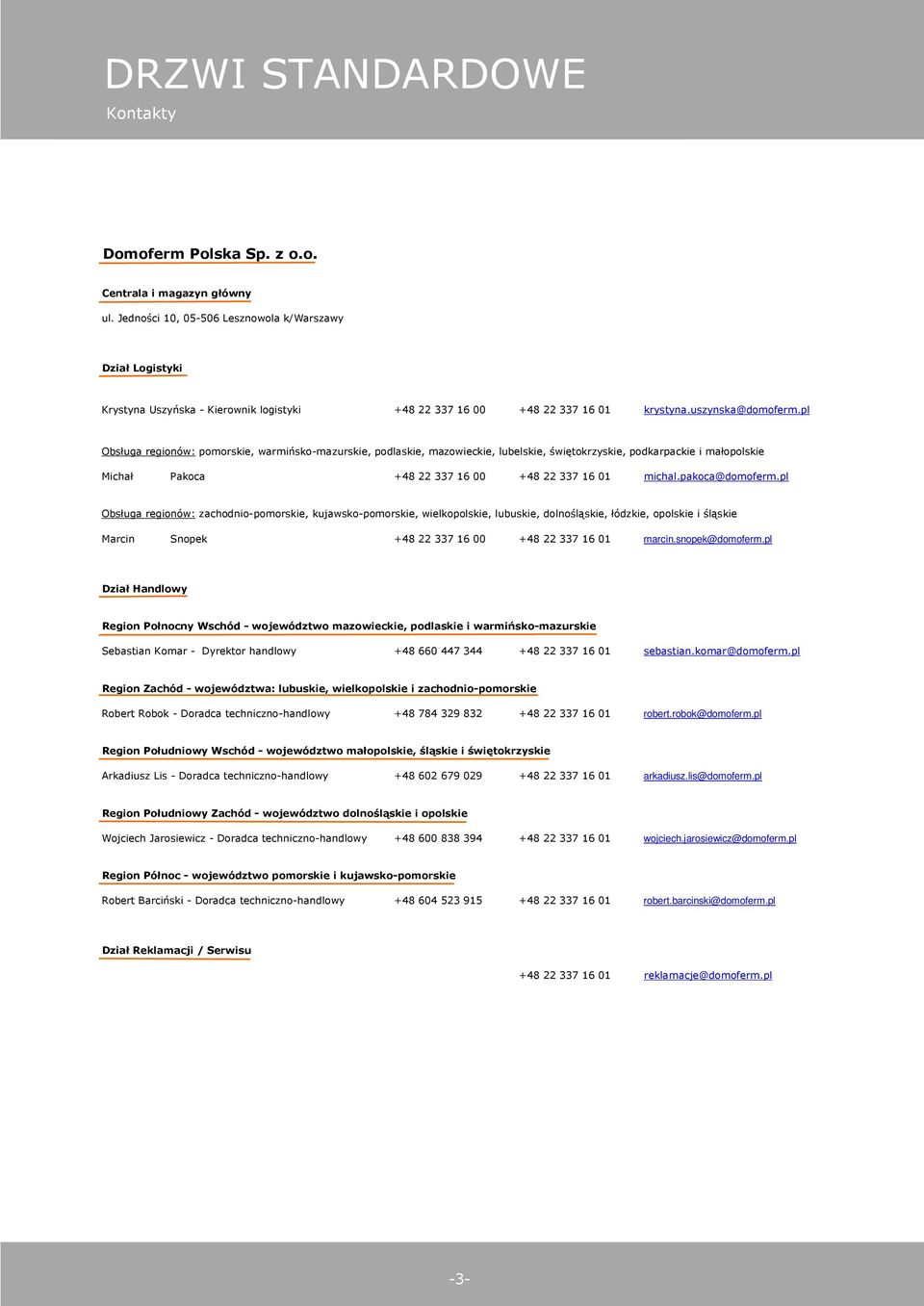 pl Obs uga regionów: pomorskie, warmi sko-mazurskie, podlaskie, mazowieckie, lubelskie, wi tokrzyskie, podkarpackie i ma opolskie Micha Pakoca +48 22 337 16 00 +48 22 337 16 01 michal.pakoca@domoferm.