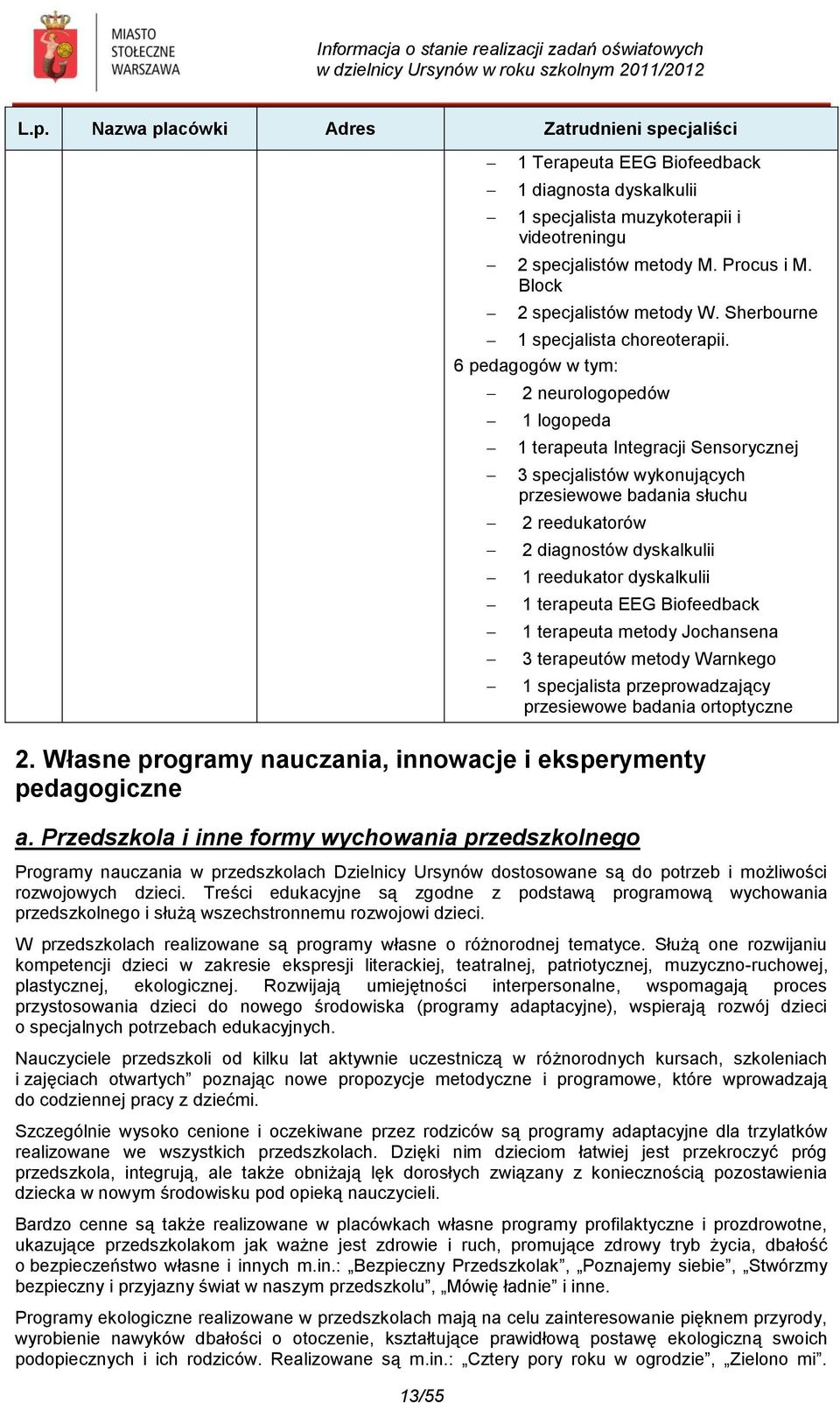 6 pedagogów w tym: 2 neurologopedów 1 logopeda 1 terapeuta Integracji Sensorycznej 3 specjalistów wykonujących przesiewowe badania słuchu 2 reedukatorów 2 diagnostów dyskalkulii 1 reedukator