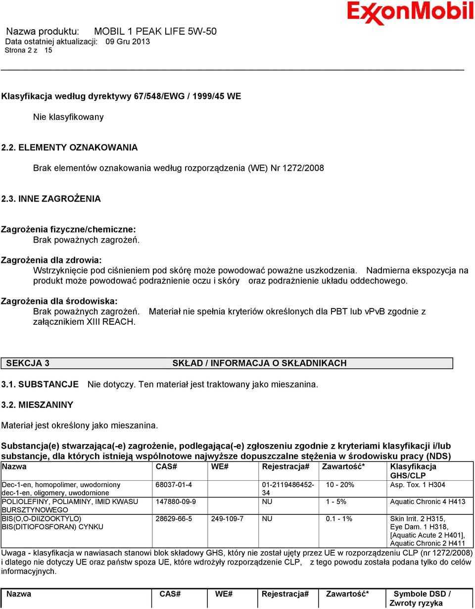 Nadmierna ekspozycja na produkt może powodować podrażnienie oczu i skóry oraz podrażnienie układu oddechowego. Zagrożenia dla środowiska: Brak poważnych zagrożeń.