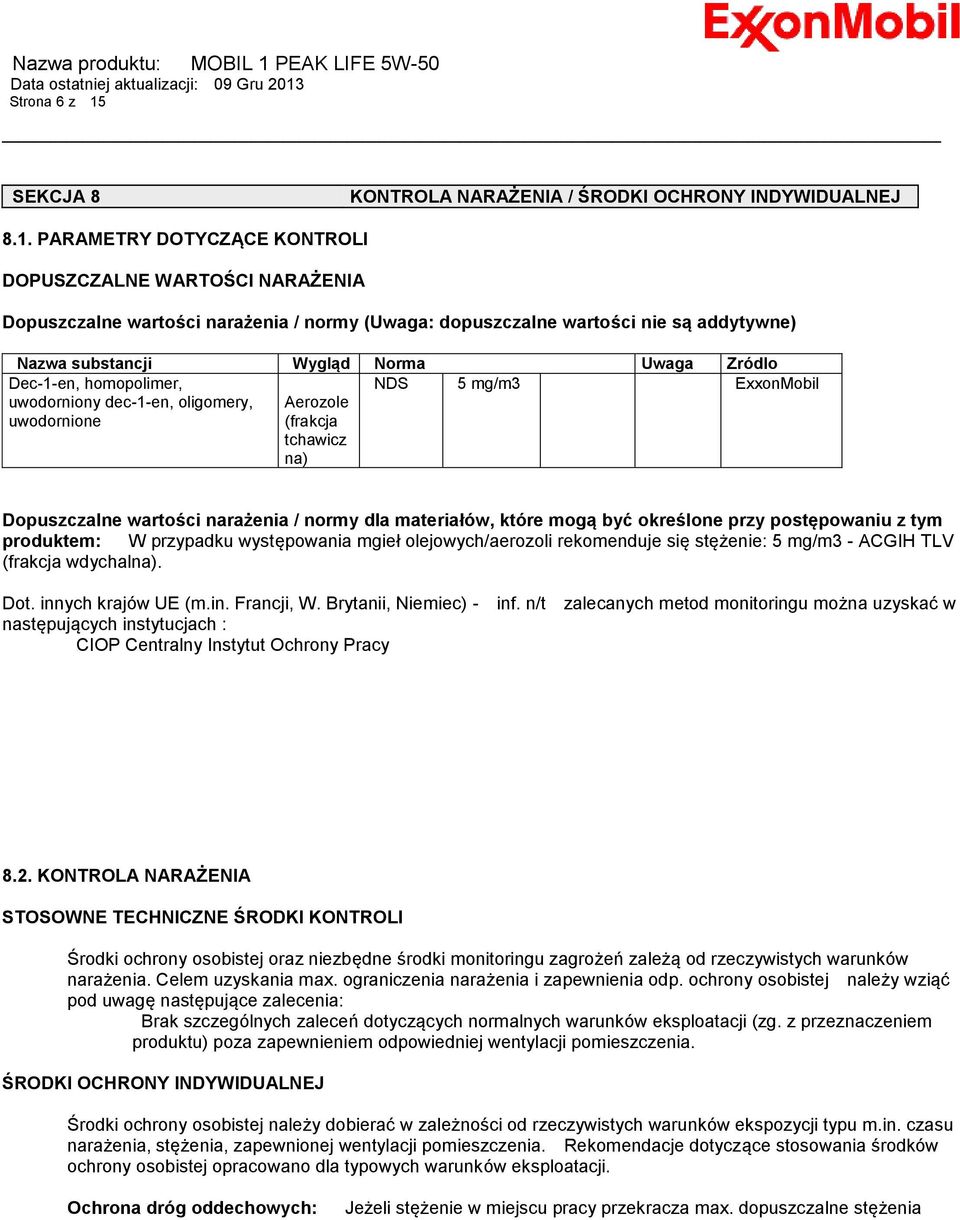 PARAMETRY DOTYCZĄCE KONTROLI DOPUSZCZALNE WARTOŚCI NARAŻENIA Dopuszczalne wartości narażenia / normy (Uwaga: dopuszczalne wartości nie są addytywne) Nazwa substancji Wygląd Norma Uwaga Zródlo
