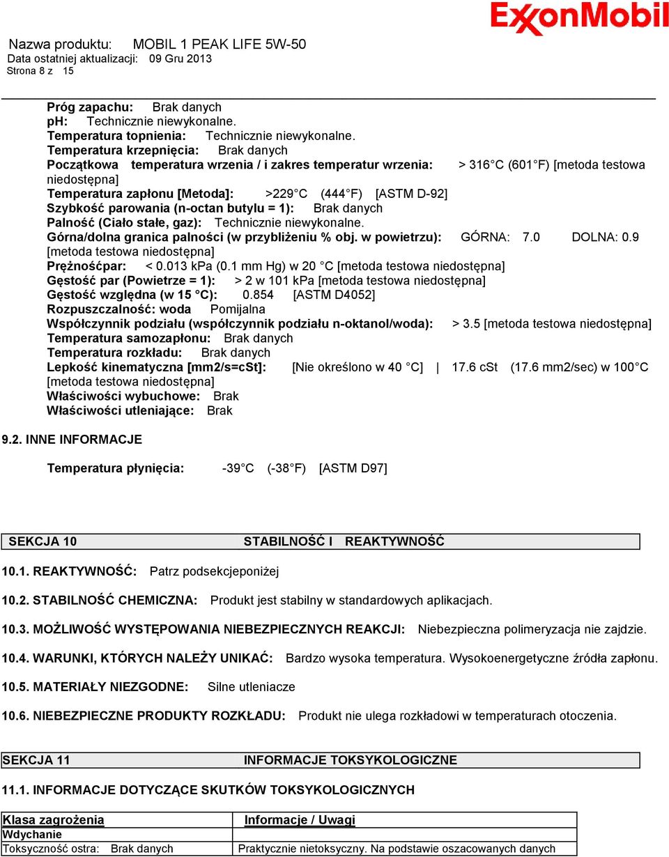 D-92] Szybkość parowania (n-octan butylu = 1): Brak danych Palność (Ciało stałe, gaz): Technicznie niewykonalne. Górna/dolna granica palności (w przybliżeniu % obj. w powietrzu): GÓRNA: 7.0 DOLNA: 0.