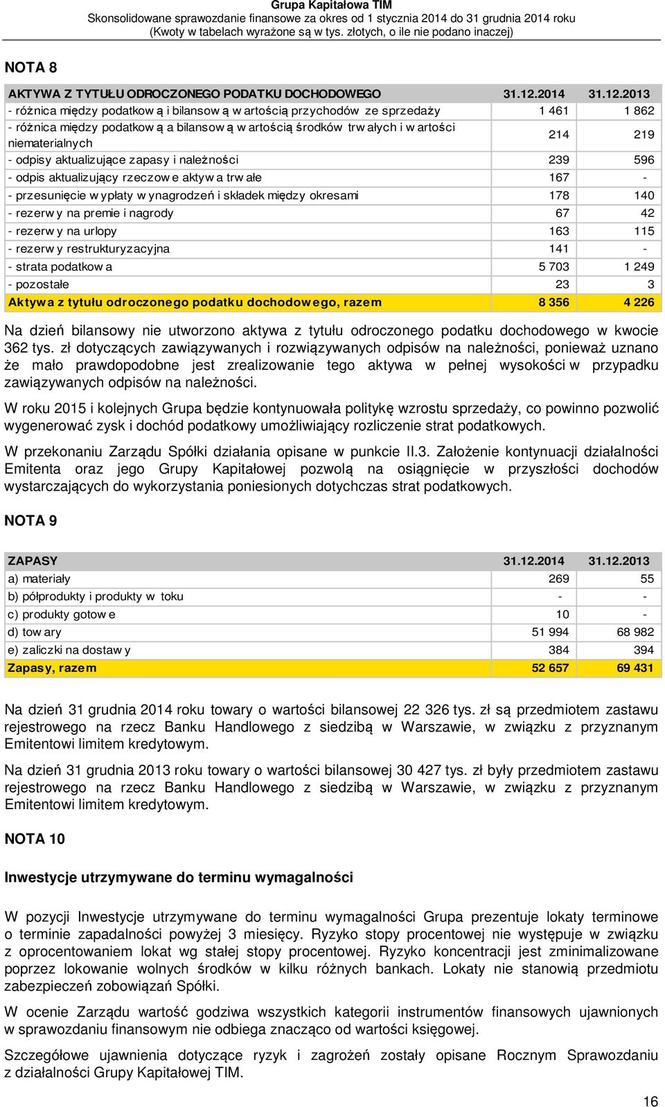2013 - różnica między podatkow ą i bilansow ą w artością przychodów ze sprzedaży 1 461 1 862 - różnica między podatkową a bilansową w artością środków trw ałych i w artości niematerialnych 214 219 -