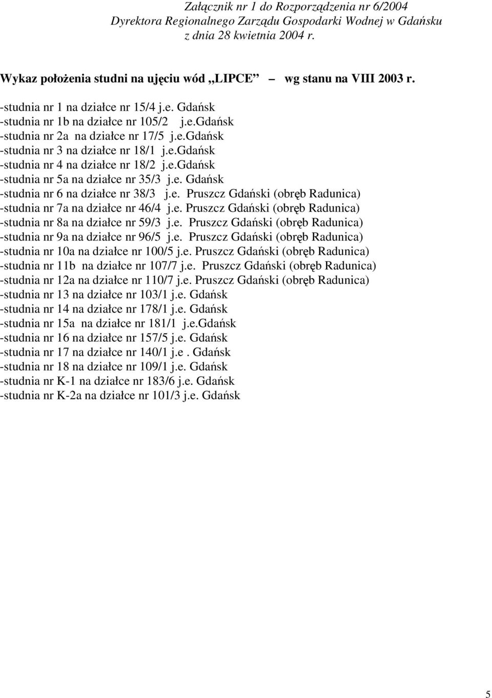 e.gdańsk -studnia nr 5a na działce nr 35/3 j.e. Gdańsk -studnia nr 6 na działce nr 38/3 j.e. Pruszcz Gdański (obręb Radunica) -studnia nr 7a na działce nr 46/4 j.e. Pruszcz Gdański (obręb Radunica) -studnia nr 8a na działce nr 59/3 j.