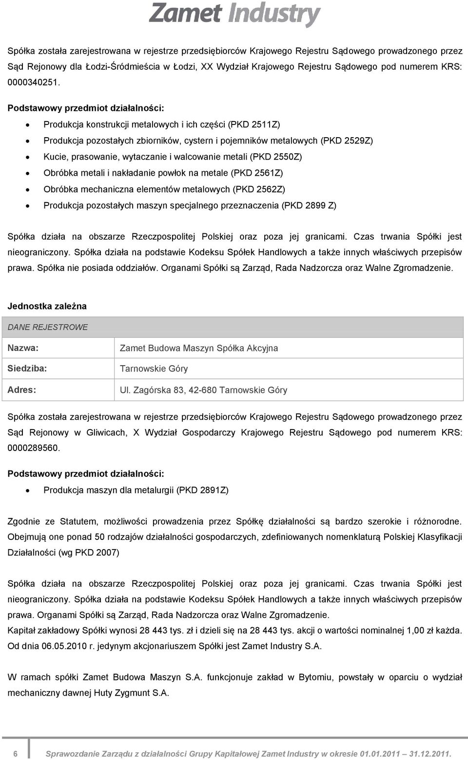 Podstawowy przedmiot działalności: Produkcja konstrukcji metalowych i ich części (PKD 2511Z) Produkcja pozostałych zbiorników, cystern i pojemników metalowych (PKD 2529Z) Kucie, prasowanie,