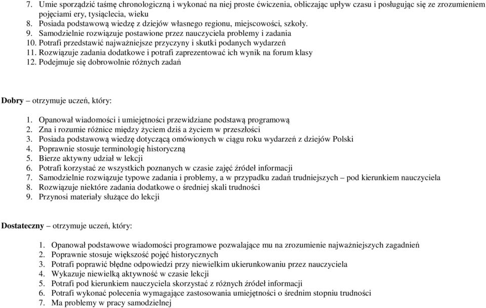 Potrafi przedstawić najważniejsze przyczyny i skutki podanych wydarzeń 11. Rozwiązuje zadania dodatkowe i potrafi zaprezentować ich wynik na forum klasy 12.