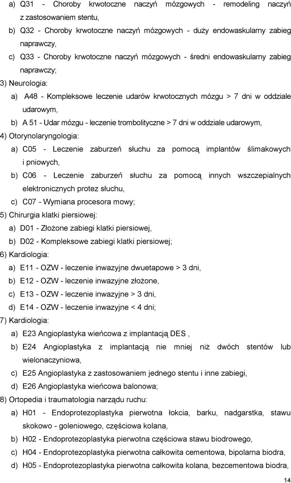 leczenie trombolityczne > 7 dni w oddziale udarowym, 4) Otorynolaryngologia: a) C05 - Leczenie zaburzeń słuchu za pomocą implantów ślimakowych i pniowych, b) C06 - Leczenie zaburzeń słuchu za pomocą