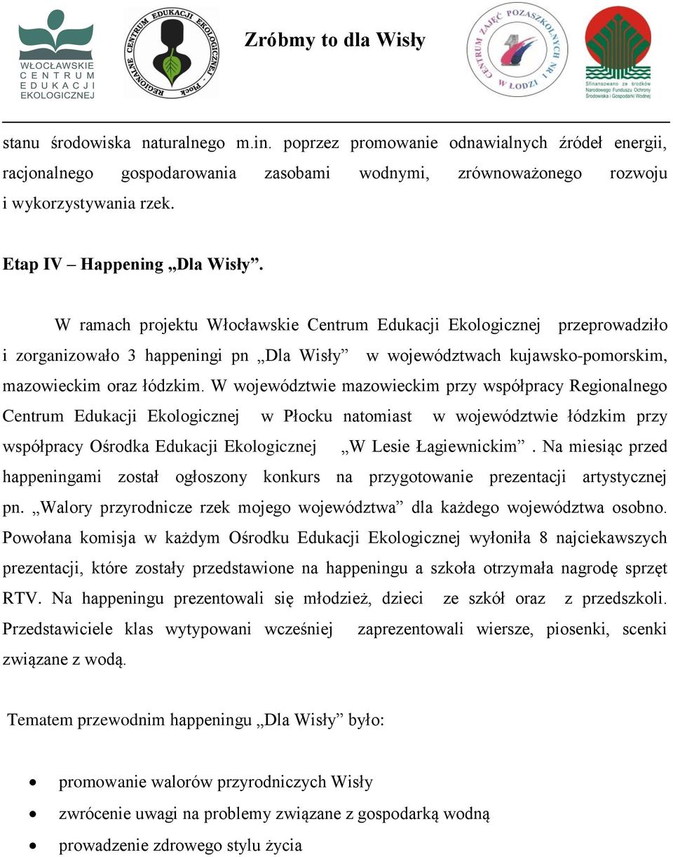 W ramach projektu Włocławskie Centrum Edukacji Ekologicznej przeprowadziło i zorganizowało 3 happeningi pn Dla Wisły w województwach kujawsko-pomorskim, mazowieckim oraz łódzkim.