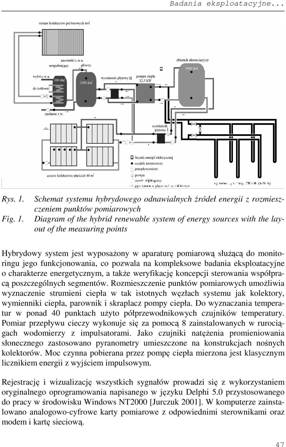 Schemat systemu hybrydowego odnawialnych źródeł energii z rozmieszczeniem punktów pomiarowych Diagram of the hybrid renewable system of energy sources with the layout of the measuring points