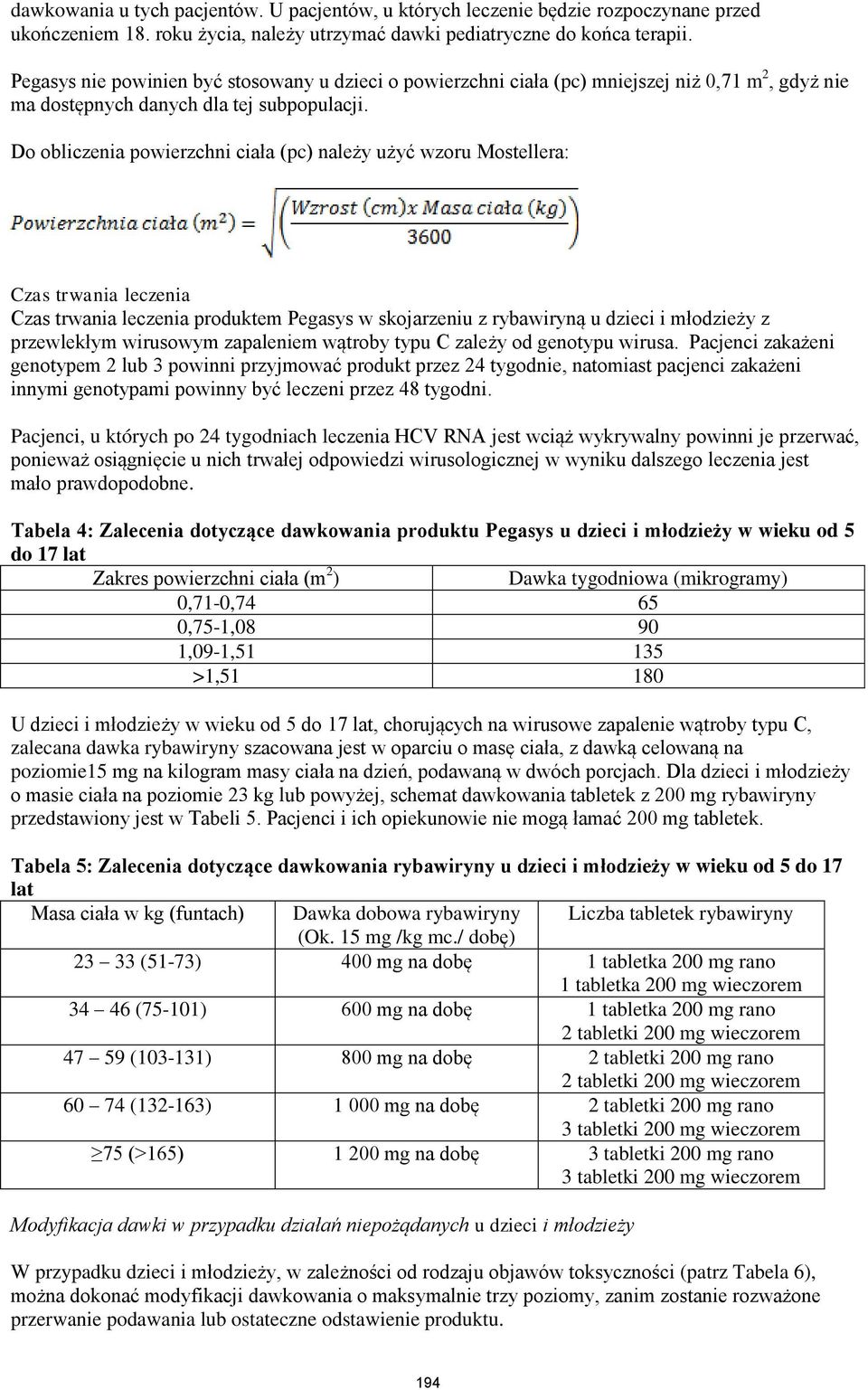 Do obliczenia powierzchni ciała (pc) należy użyć wzoru Mostellera: Czas trwania leczenia Czas trwania leczenia produktem Pegasys w skojarzeniu z rybawiryną u dzieci i młodzieży z przewlekłym