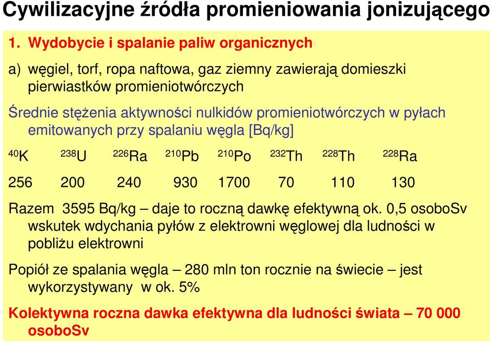 nulkidów promieniotwórczych w pyłach emitowanych przy spalaniu węgla [Bq/kg] 40 K 238 U 226 Ra 210 Pb 210 Po 232 Th 228 Th 228 Ra 256 200 240 930 1700 70 110 130 Razem