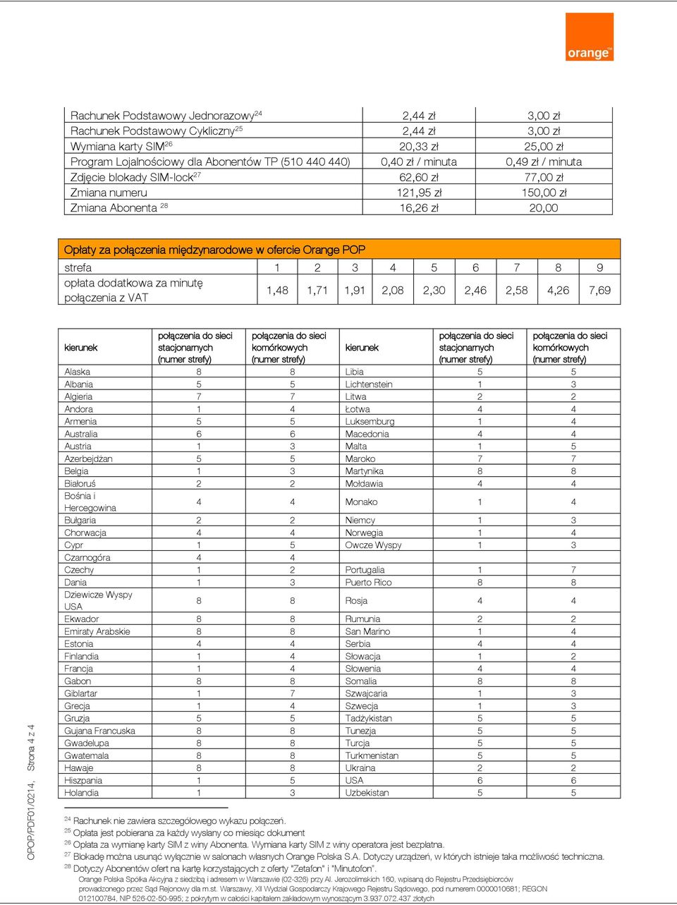 międzynarodowe w ofercie Orange POP strefa 1 2 3 4 5 6 7 8 9 opłata dodatkowa za minutę połączenia z VAT 1,48 1,71 1,91 2,08 2,30 2,46 2,58 4,26 7,69 kierunek stacjonarnych komórkowych kierunek