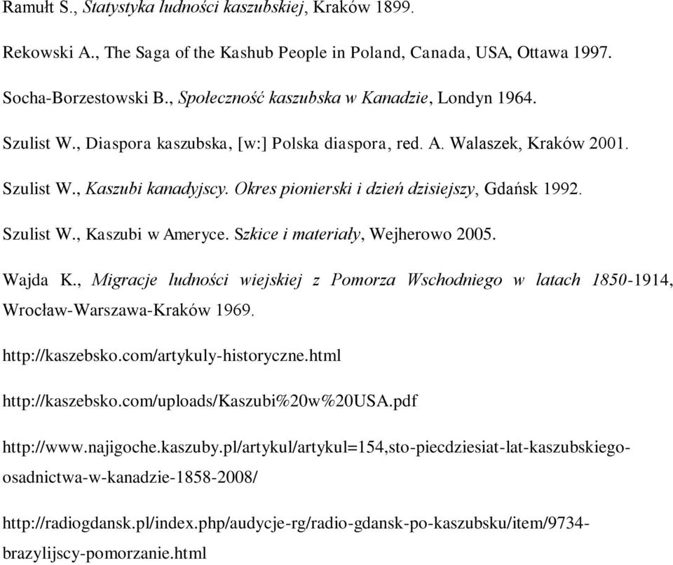 Okres pionierski i dzień dzisiejszy, Gdańsk 1992. Szulist W., Kaszubi w Ameryce. Szkice i materiały, Wejherowo 2005. Wajda K.