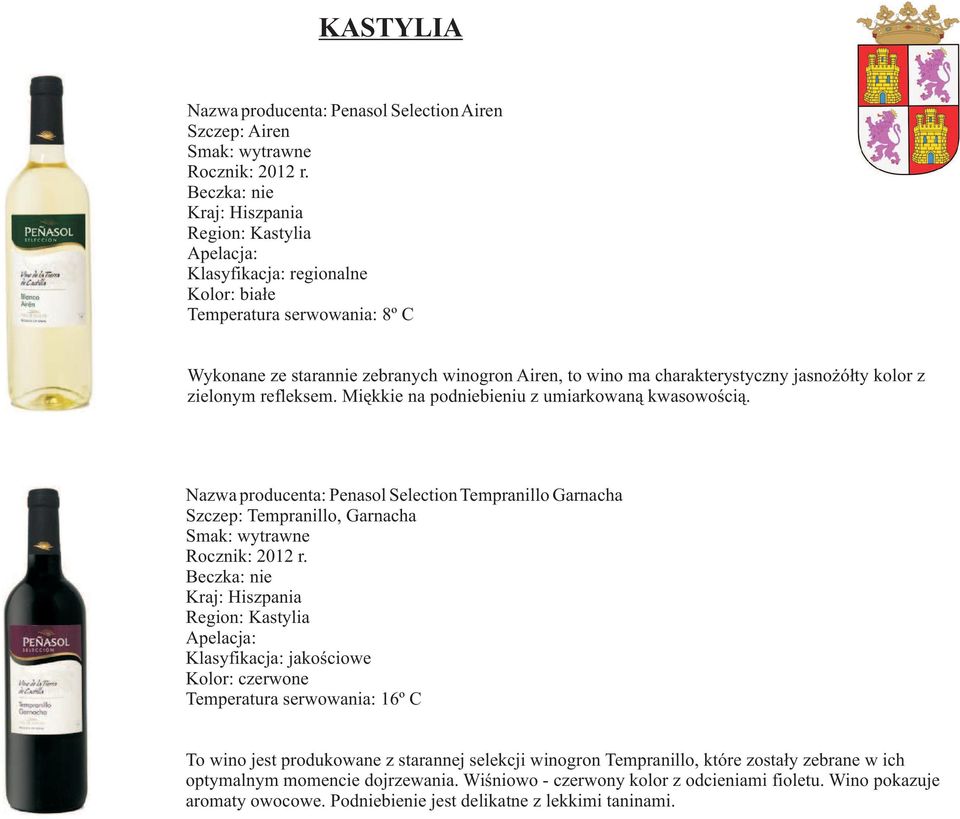 Nazwa producenta: Penasol Selection Tempranillo Garnacha Szczep: Tempranillo, Garnacha Kraj: Hiszpania Kastylia Temperatura serwowania: 16º C To wino jest produkowane