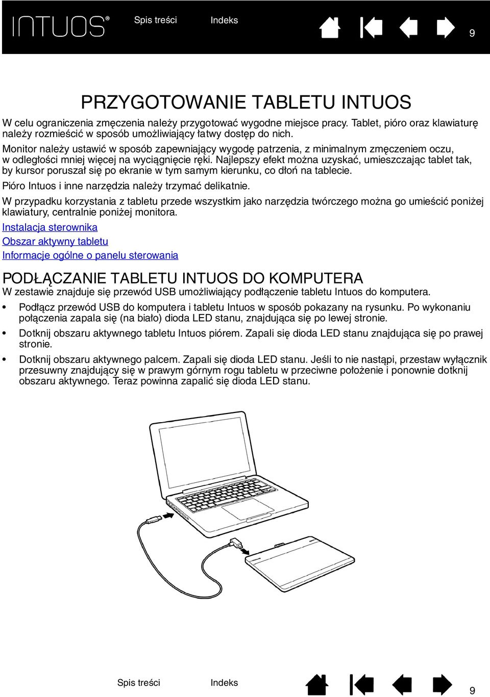 Najlepszy efekt można uzyskać, umieszczając tablet tak, by kursor poruszał się po ekranie w tym samym kierunku, co dłoń na tablecie. Pióro Intuos i inne narzędzia należy trzymać delikatnie.