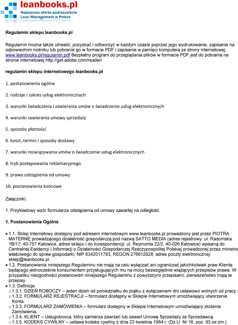 strony internetowej: www.leanbooks.pl/regulamin.pdf Bezpłatny program do przeglądania plików w formacie PDF jest do pobrania na stronie internetowej http://get.adobe.