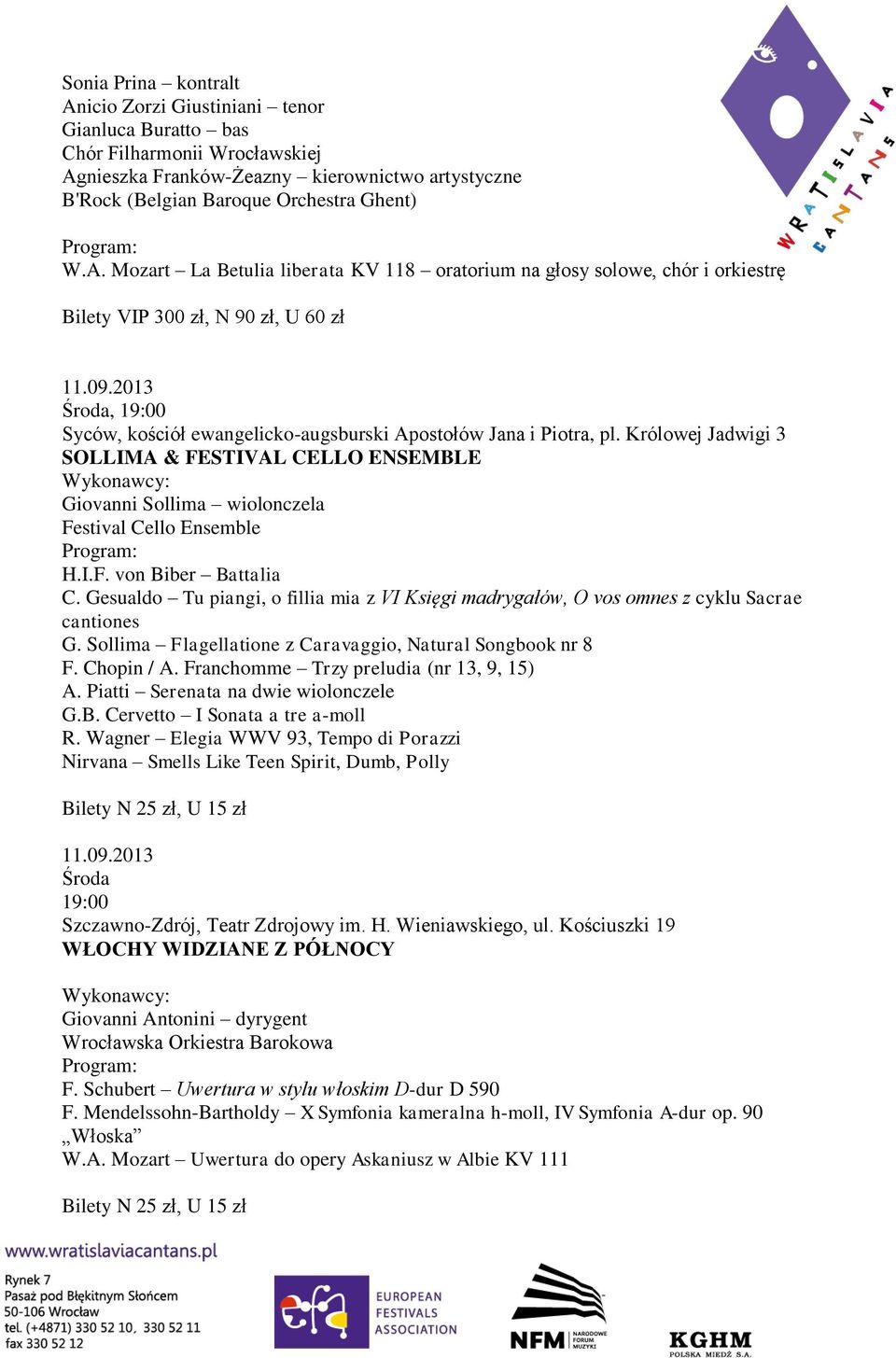 Gesualdo Tu piangi, o fillia mia z VI Księgi madrygałów, O vos omnes z cyklu Sacrae cantiones G. Sollima Flagellatione z Caravaggio, Natural Songbook nr 8 F. Chopin / A.