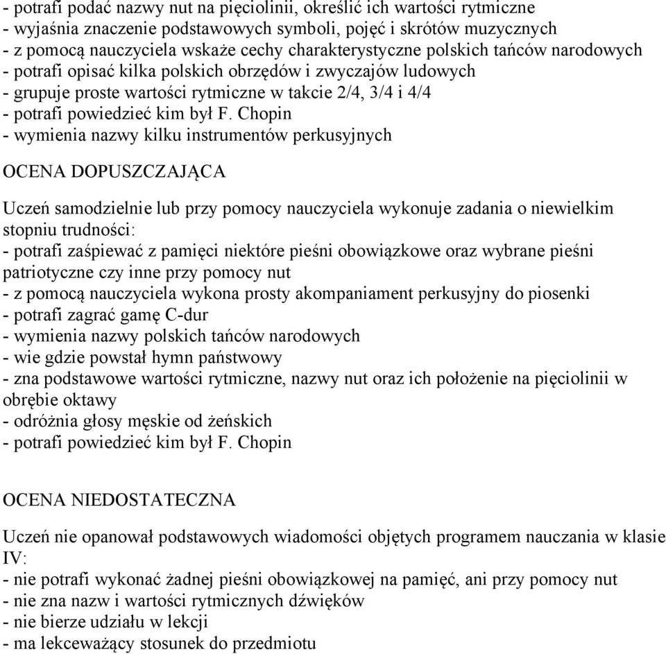 Chopin - wymienia nazwy kilku instrumentów perkusyjnych OCENA DOPUSZCZAJĄCA Uczeń samodzielnie lub przy pomocy nauczyciela wykonuje zadania o niewielkim stopniu trudności: - potrafi zaśpiewać z