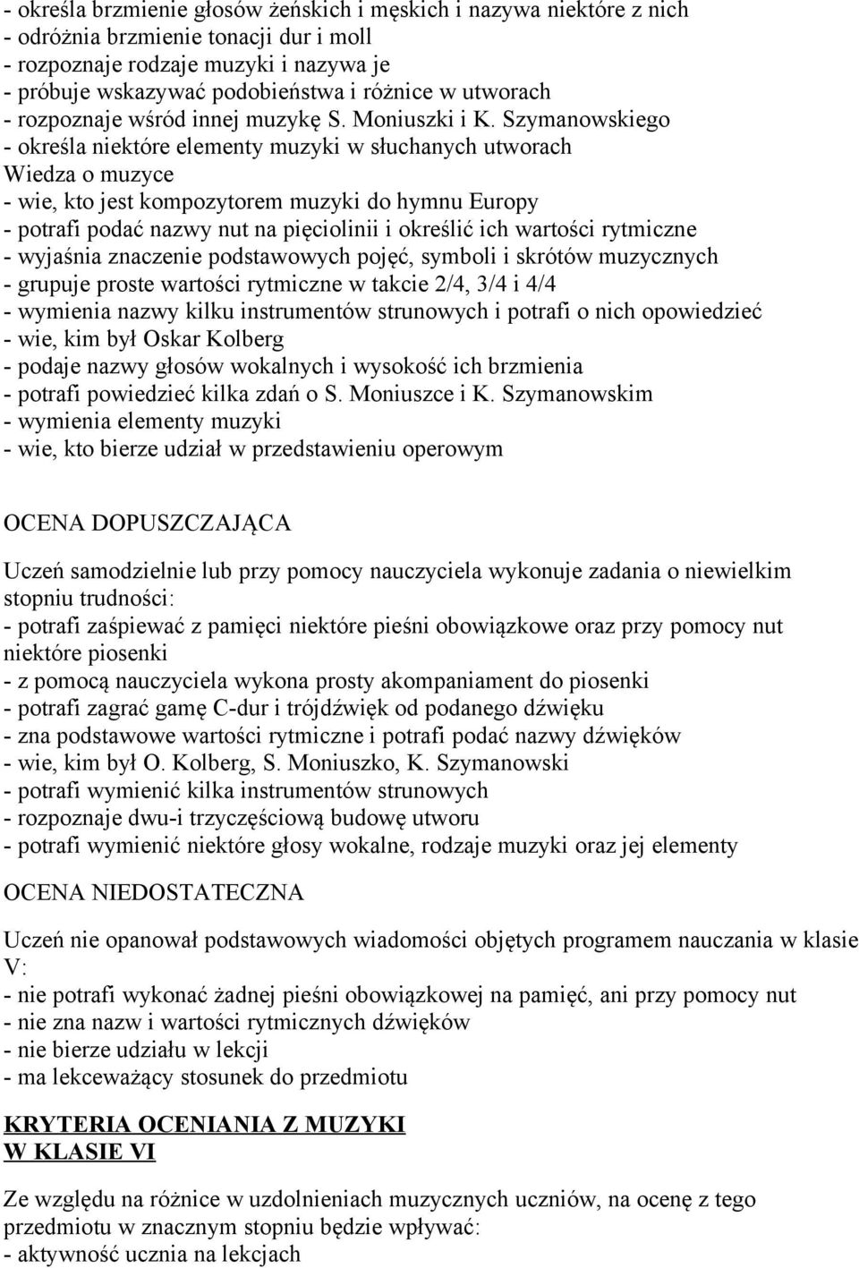 Szymanowskiego - określa niektóre elementy muzyki w słuchanych utworach - wie, kto jest kompozytorem muzyki do hymnu Europy - potrafi podać nazwy nut na pięciolinii i określić ich wartości rytmiczne