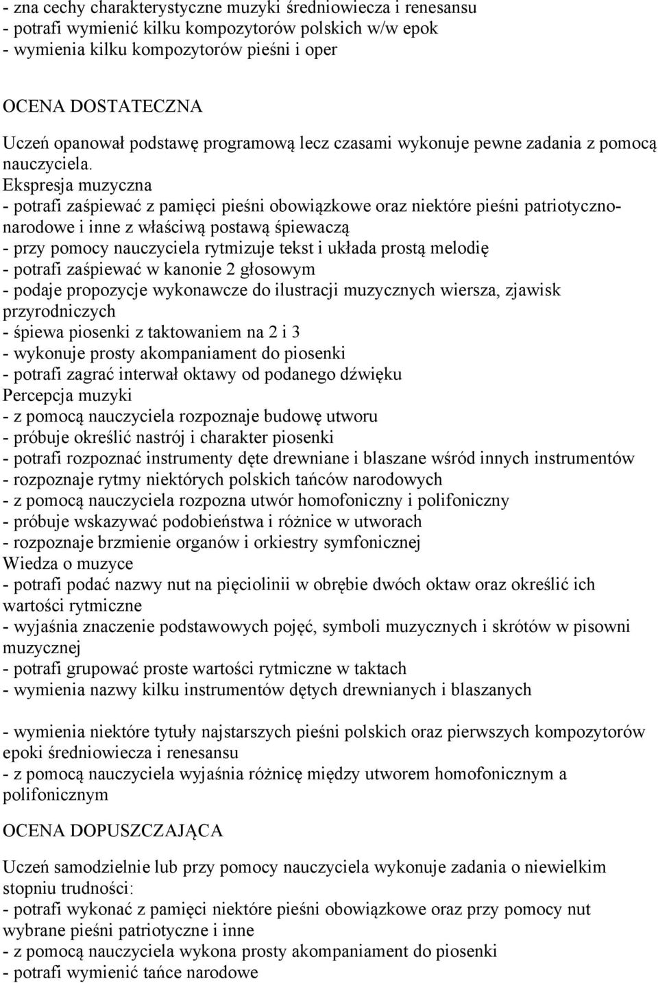 - potrafi zaśpiewać z pamięci pieśni obowiązkowe oraz niektóre pieśni patriotycznonarodowe i inne z właściwą postawą śpiewaczą - przy pomocy nauczyciela rytmizuje tekst i układa prostą melodię -