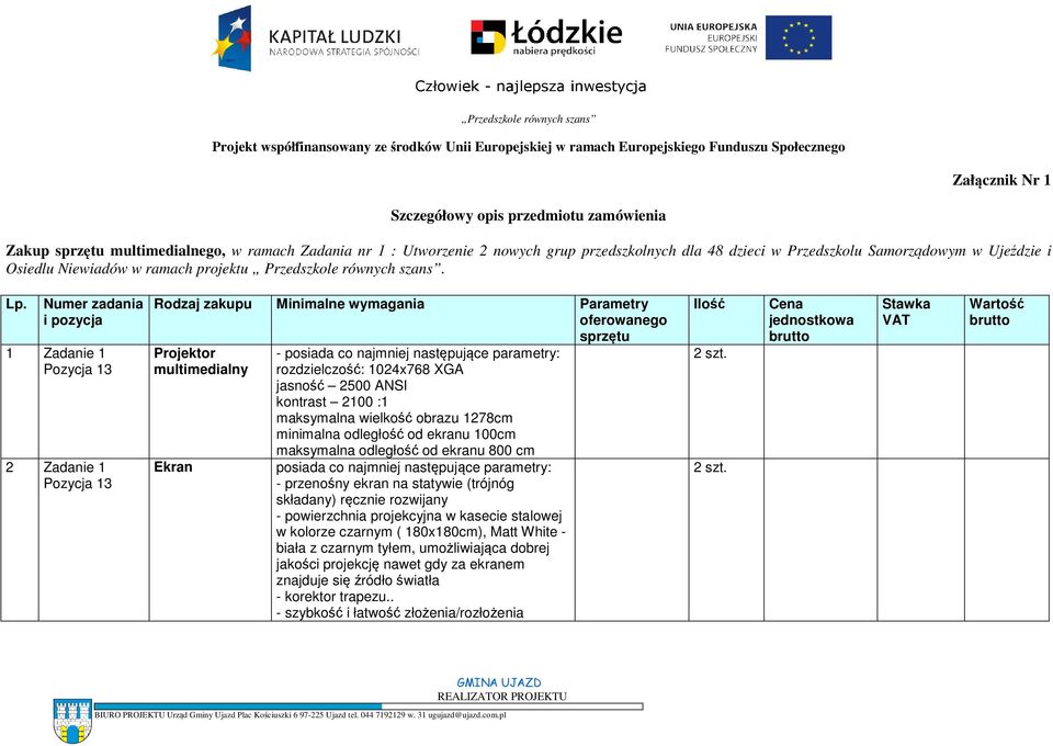 Numer zadania i pozycja 1 Zadanie 1 2 Zadanie 1 Rodzaj zakupu Minimalne wymagania Parametry oferowanego sprzętu Projektor multimedialny Ekran - posiada co najmniej następujące parametry: