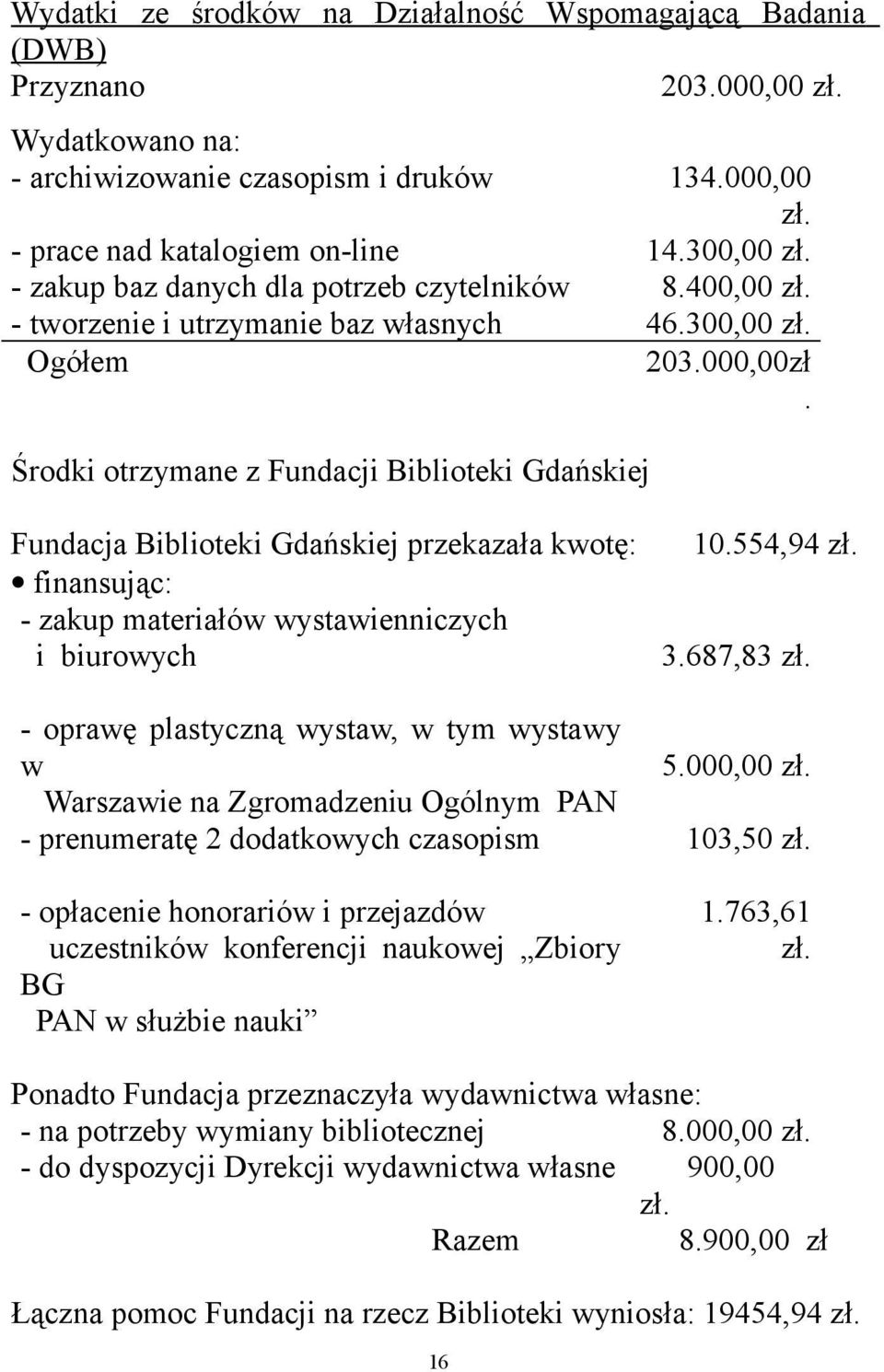 Środki otrzymane z Fundacji Biblioteki Gdańskiej Fundacja Biblioteki Gdańskiej przekazała kwotę: finansując: - zakup materiałów wystawienniczych i biurowych 10.554,94 zł. 3.687,83 zł.