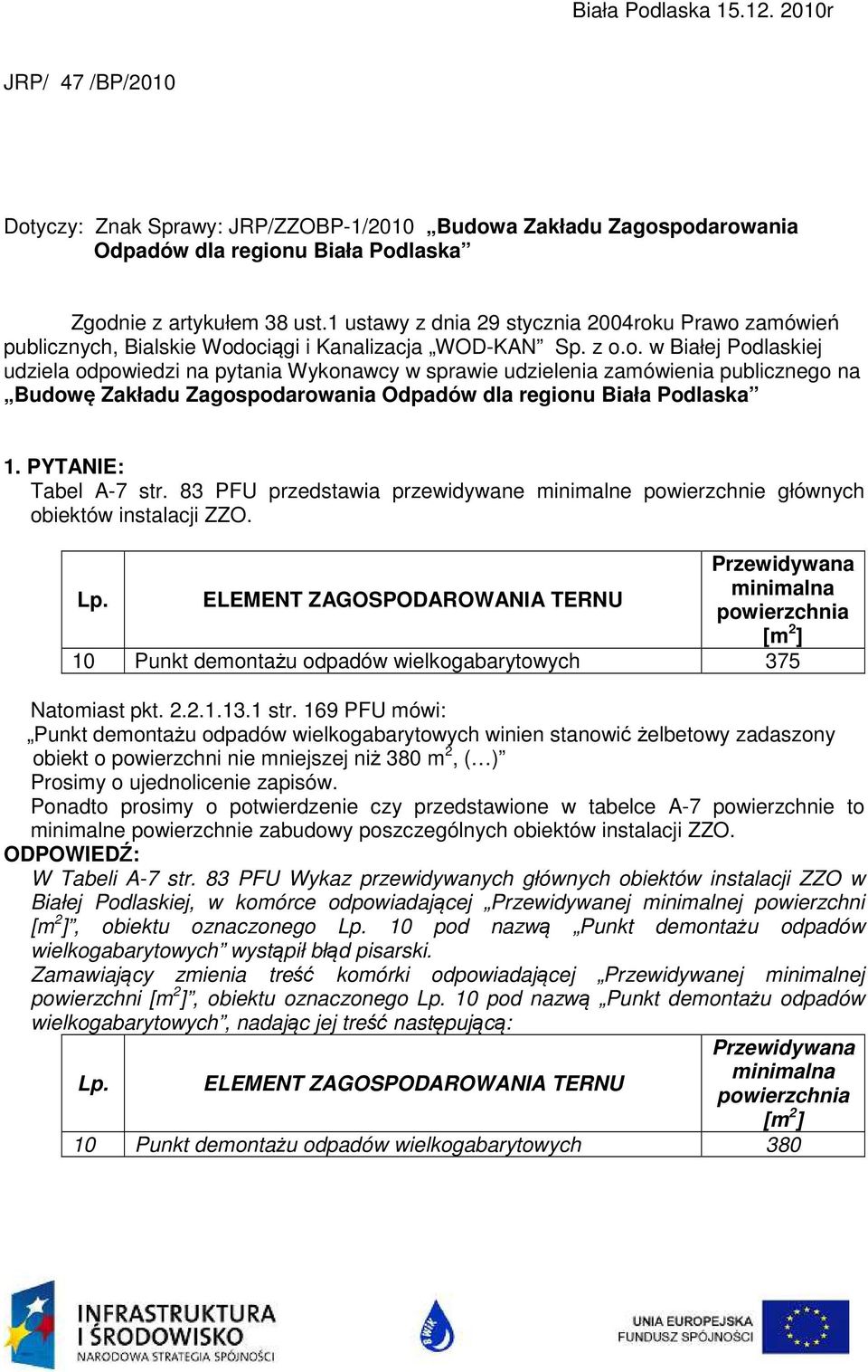 u Prawo zamówień publicznych, Bialskie Wodociągi i Kanalizacja WOD-KAN Sp. z o.o. w Białej Podlaskiej udziela odpowiedzi na pytania Wykonawcy w sprawie udzielenia zamówienia publicznego na Budowę Zakładu Zagospodarowania Odpadów dla regionu Biała Podlaska 1.