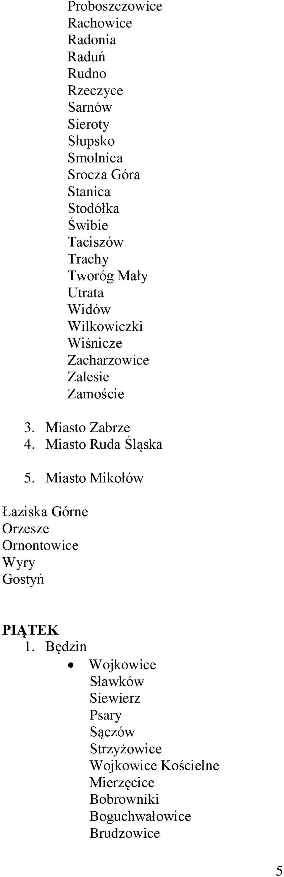 Miasto Zabrze 4. Miasto Ruda Śląska 5. Miasto Mikołów Łaziska Górne Orzesze Ornontowice Wyry Gostyń PIĄTEK 1.