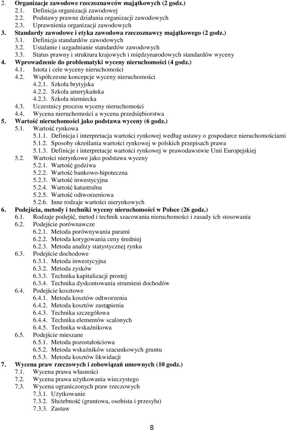 Wprowadzenie do problematyki wyceny nieruchomości (4 godz.) 4.1. Istota i cele wyceny nieruchomości 4.2. Współczesne koncepcje wyceny nieruchomości 4.2.1. Szkoła brytyjska 4.2.2. Szkoła amerykańska 4.