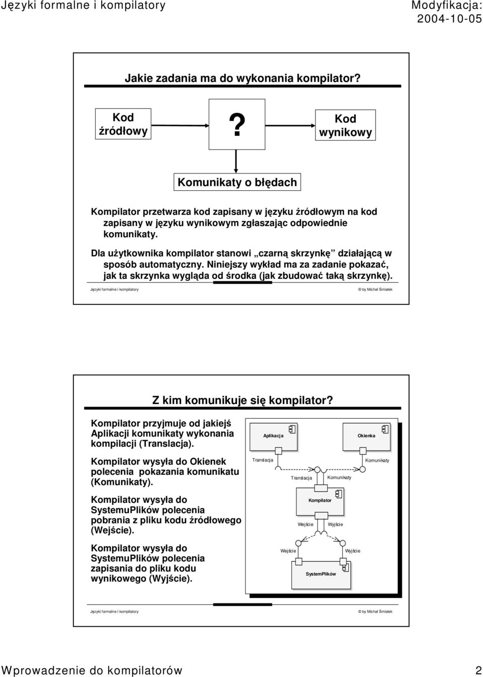 Dla uytkownika kompilator stanowi czarn skrzynk działajc w sposób automatyczny. Niniejszy wykład ma za zadanie pokaza, jak ta skrzynka wyglda od rodka (jak zbudowa tak skrzynk).