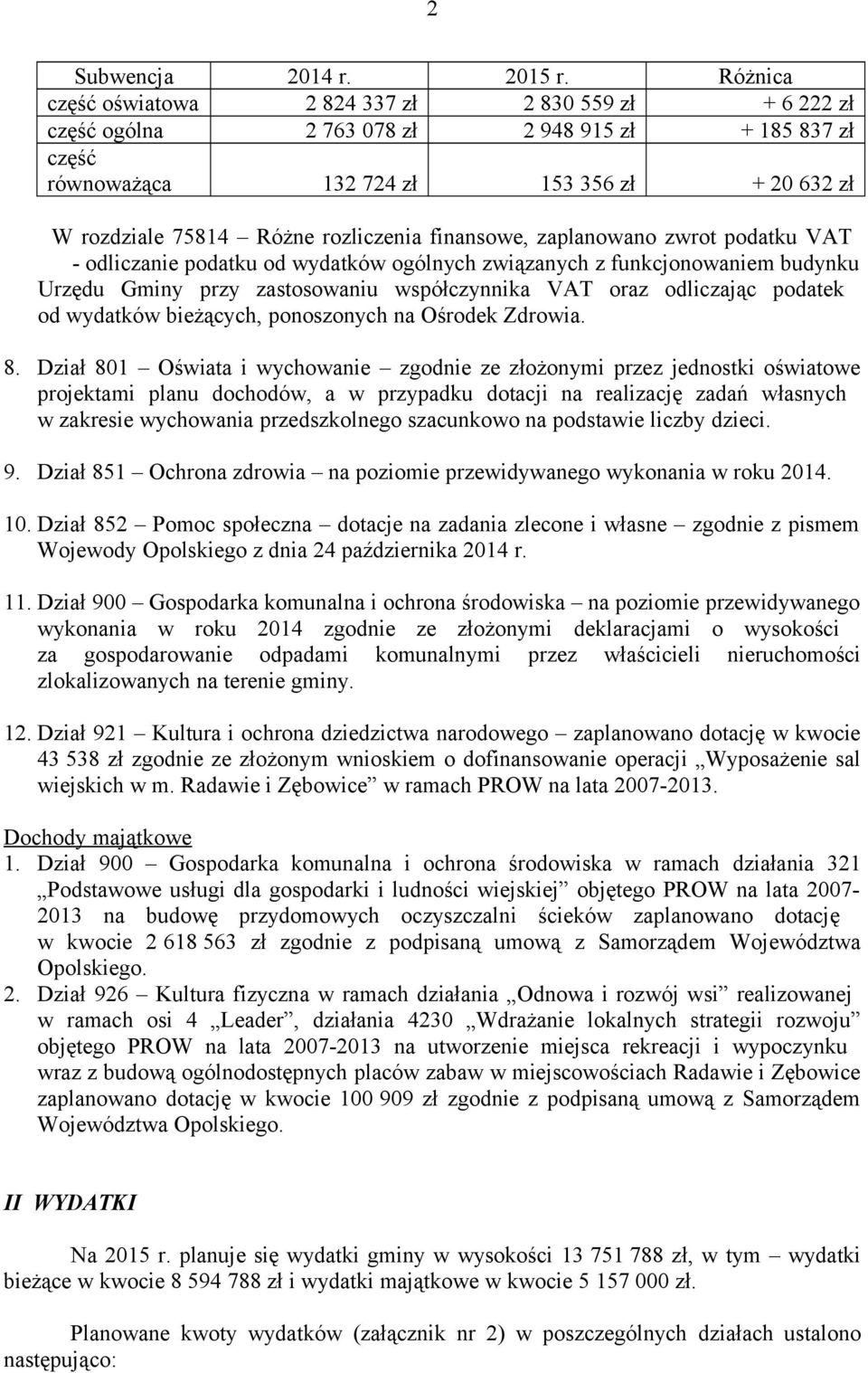 rozliczenia finansowe, zaplanowano zwrot podatku VAT - odliczanie podatku od wydatków ogólnych związanych z funkcjonowaniem budynku Urzędu Gminy przy zastosowaniu współczynnika VAT oraz odliczając