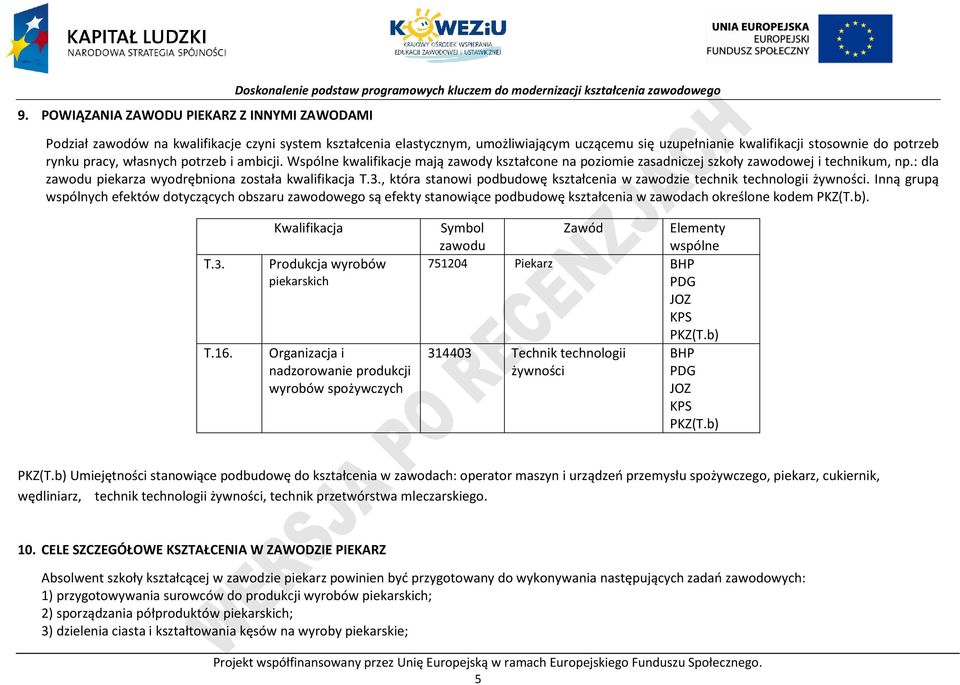 Wspólne kwalifikacje mają zawody kształcone na poziomie zasadniczej szkoły zawodowej i technikum, np.: dla zawodu piekarza wyodrębniona została kwalifikacja T.3.