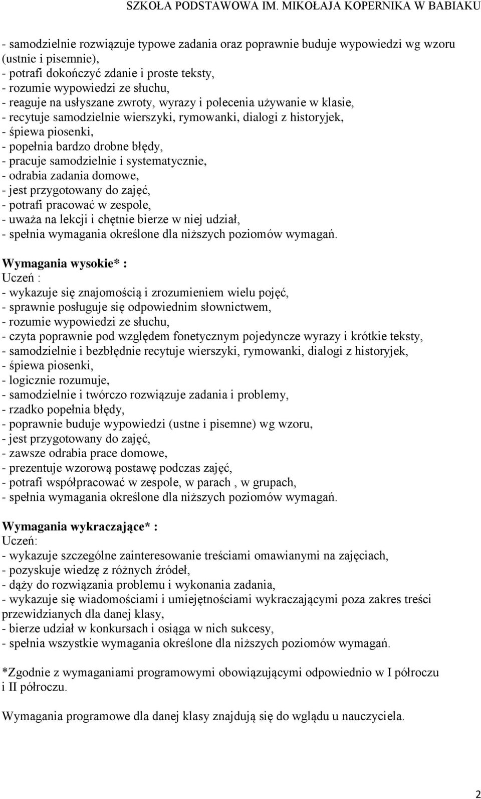 systematycznie, - odrabia zadania domowe, - jest przygotowany do zajęć, - potrafi pracować w zespole, - uważa na lekcji i chętnie bierze w niej udział, - spełnia wymagania określone dla niższych