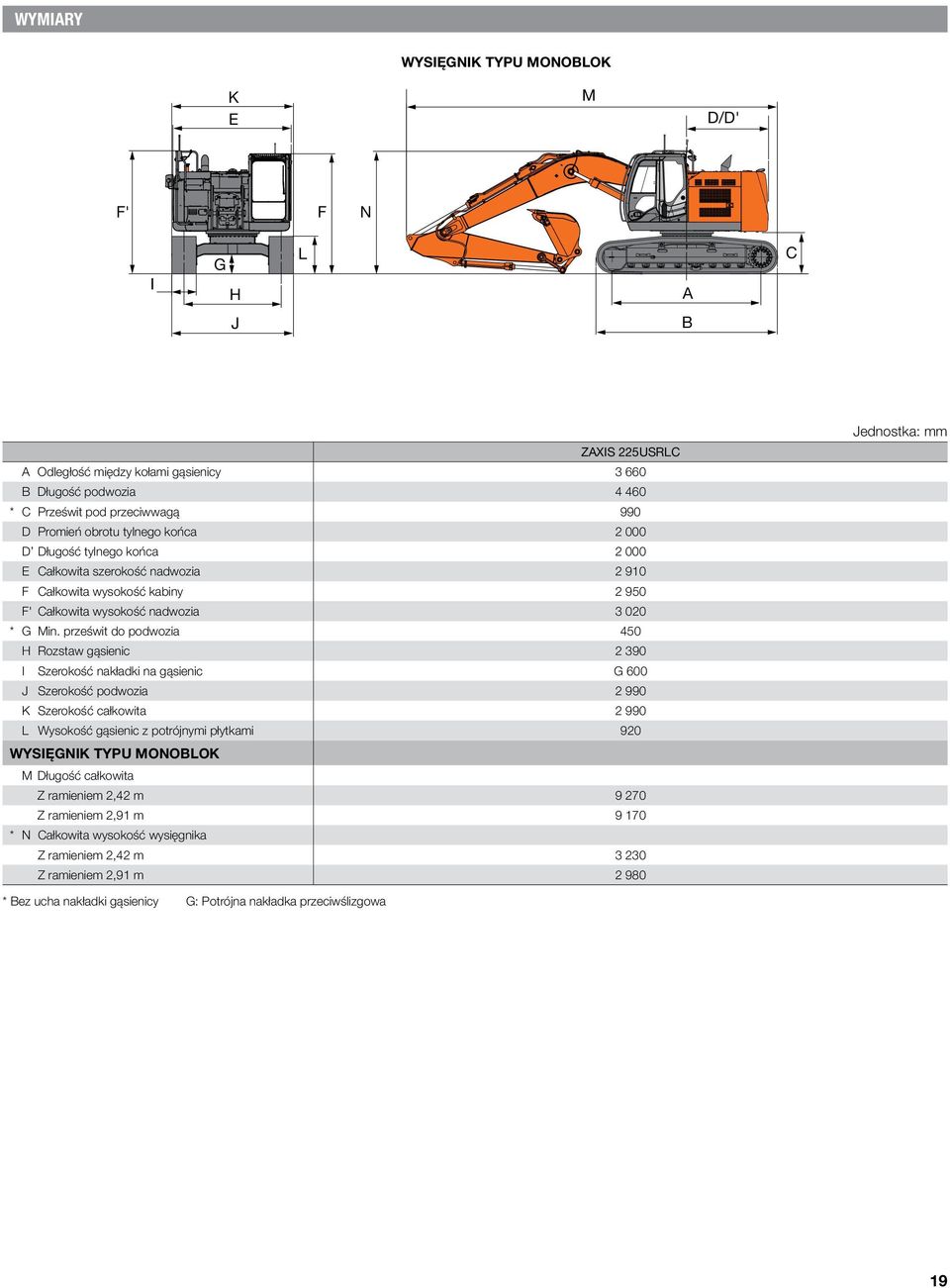 prześwit do podwozia 450 H Rozstaw gąsienic 2 390 I Szerokość nakładki na gąsienic G 600 J Szerokość podwozia 2 990 K Szerokość całkowita 2 990 L Wysokość gąsienic z potrójnymi płytkami 920 WYSIĘGNIK