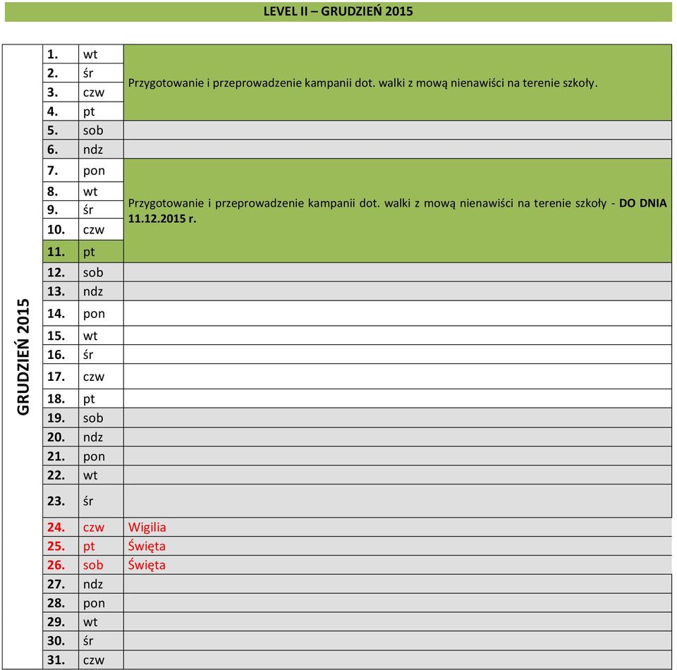 pt 19. sob 20. ndz 21. pon 22. wt 23. śr 24. czw Wigilia 25. pt Święta 26.