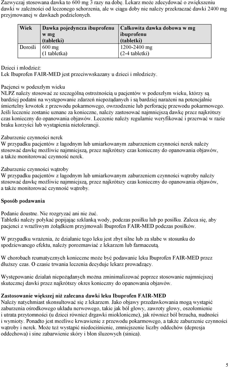 Wiek Dorośli Dawka pojedyncza ibuprofenu w mg (tabletki) 600 mg (1 tabletka) Całkowita dawka dobowa w mg ibuprofenu (tabletki) 1200-2400 mg (2-4 tabletki) Dzieci i młodzież: Lek Ibuprofen FAIR-MED