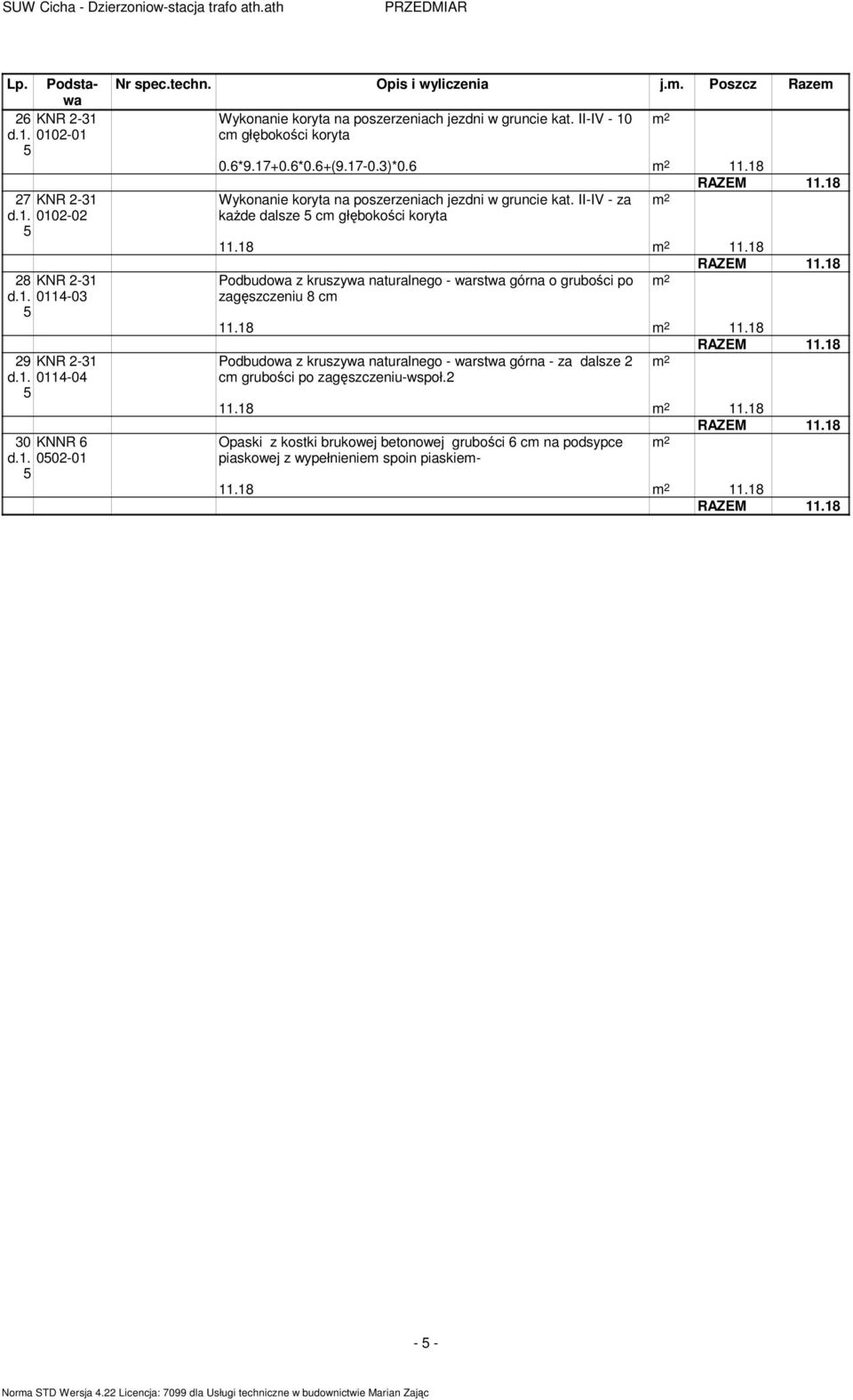 II-IV - za kaŝde dalsze c głębokości koryta.8.8 Podbudowa z kruszywa naturalnego - warstwa górna o grubości po zagęszczeniu 8 c.8.8 Podbudowa z kruszywa naturalnego - warstwa górna - za dalsze c grubości po zagęszczeniu-wspoł.