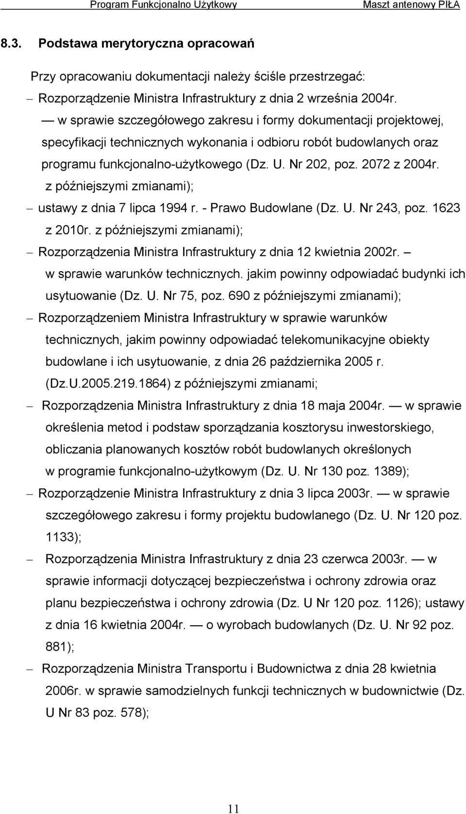 2072 z 2004r. z późniejszymi zmianami); ustawy z dnia 7 lipca 1994 r. - Prawo Budowlane (Dz. U. Nr 243, poz. 1623 z 2010r.