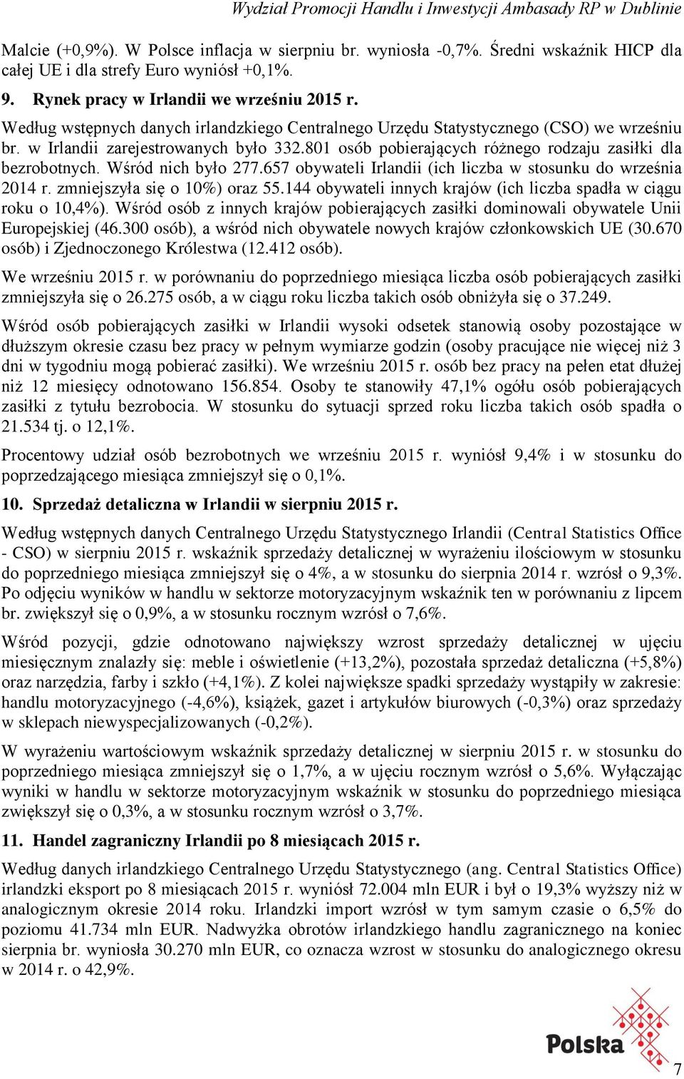 Wśród nich było 277.657 obywateli Irlandii (ich liczba w stosunku do września 2014 r. zmniejszyła się o 10%) oraz 55.144 obywateli innych krajów (ich liczba spadła w ciągu roku o 10,4%).