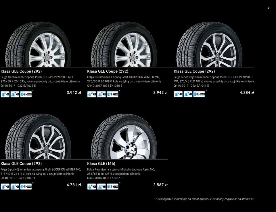 942 zł Klasa GLE Coupé (292) Felga 5-podwójno-ramienna z oponą Pirelli SCORPION WINTER MO, 275/45 R 21 107 V, koła na przednią oś, z czujnikiem ciśnienia Q440 3017 1040 E/1041 E C B 73 db 4.